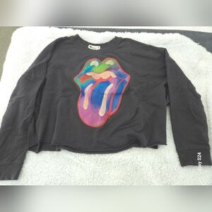 Gray Cropped Sweatshirt with Colorful Rolling Stones Design
